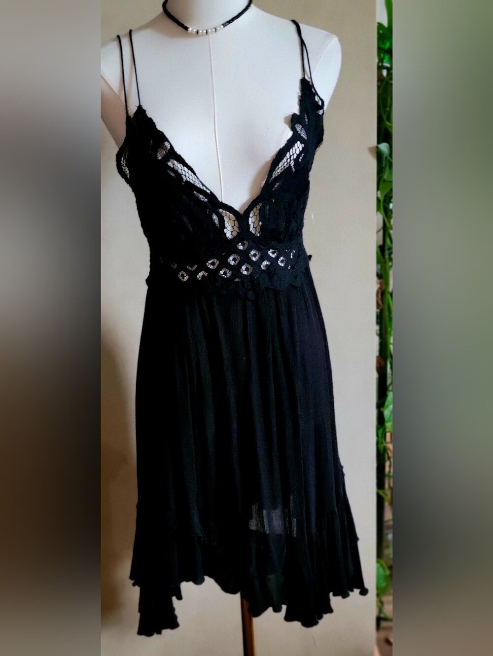FREE People Black Lace V-Neck Chemise Dress